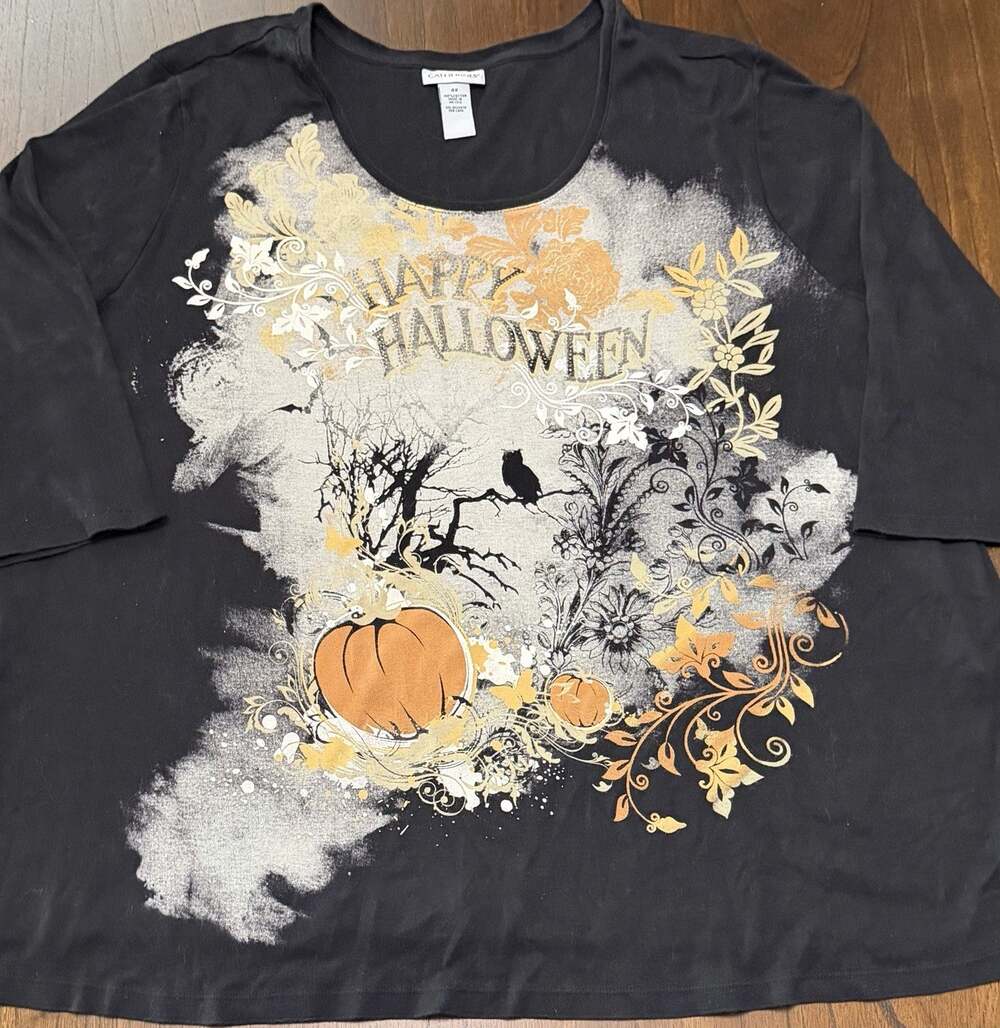 Catherines Plus Size 4X Black 3/4 Sleeve Halloween Cotton Tshirt Top Pumpkin